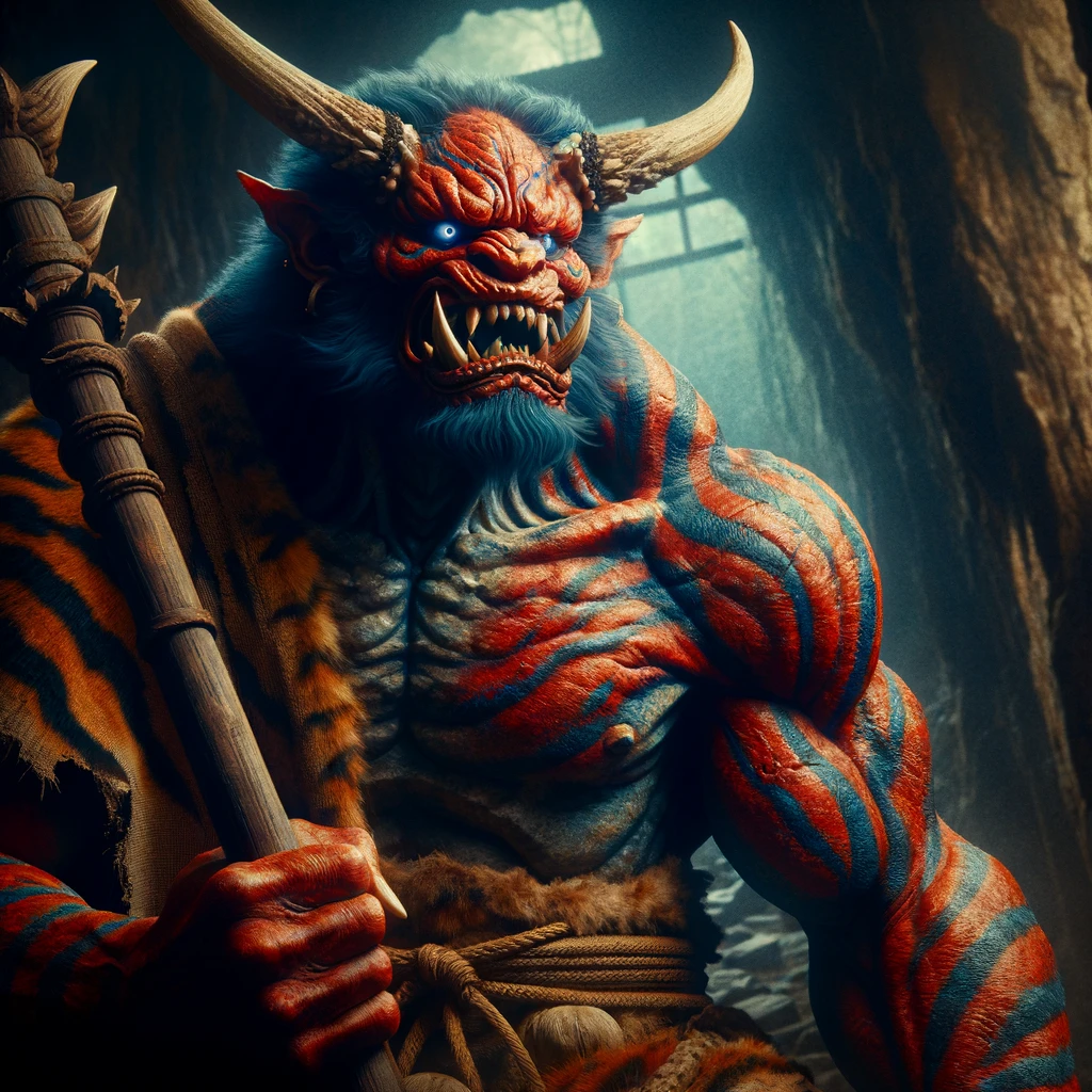 DALL·E 2024 04 18 15.00.34 A traditional and realistic depiction of an Oni a fearsome and impressive creature from Japanese folklore. The Oni has red or blue skin and one or mo