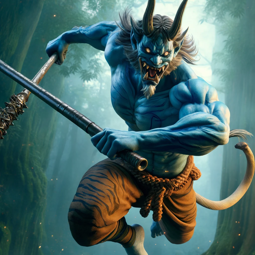 DALL·E 2024 04 18 15.00.37 A dynamic and realistic depiction of an Oni a mythical creature from Japanese folklore actively swinging an iron club. This Oni has vibrant blue ski