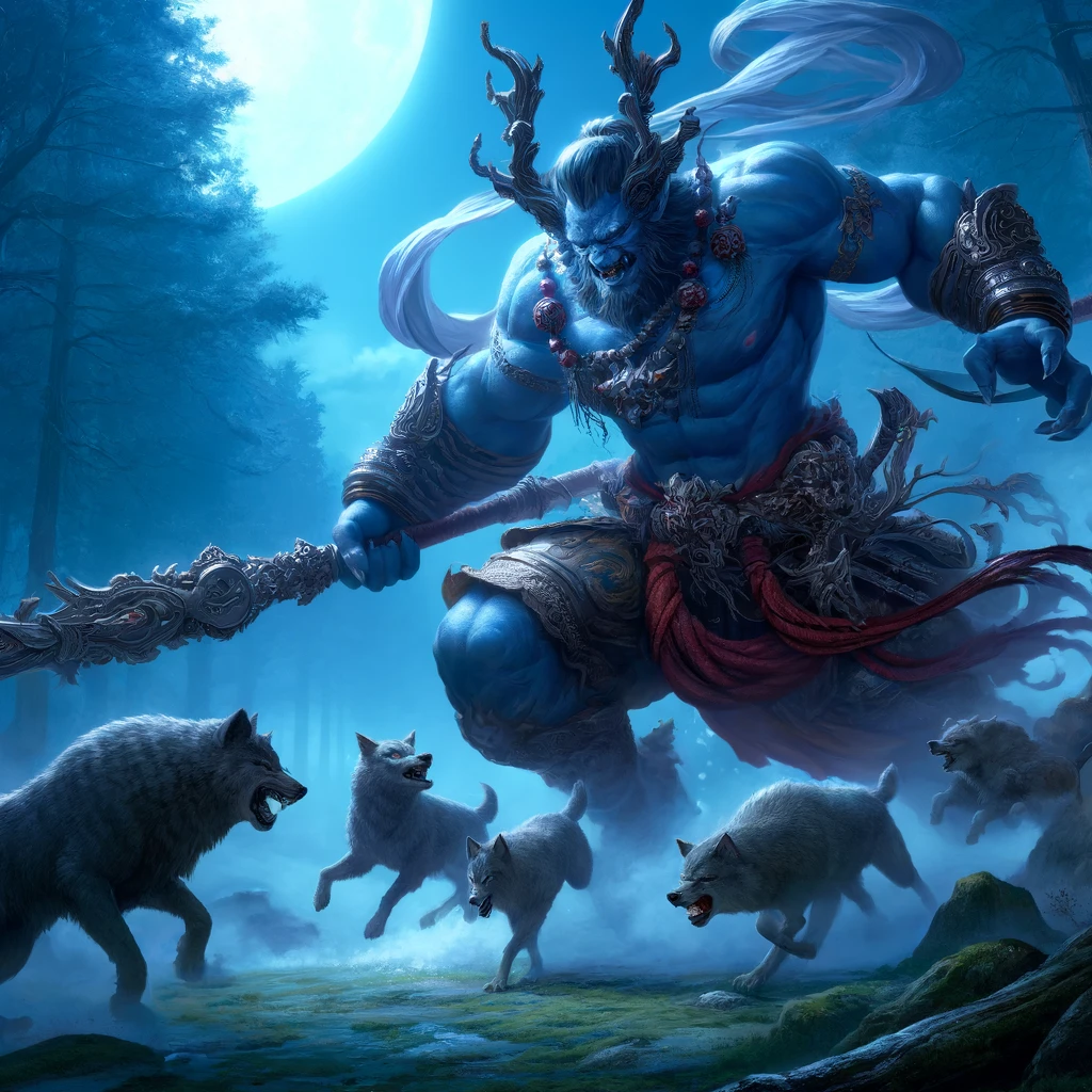 DALL·E 2024 04 18 15.01.04 A majestic and solemn Oni imbued with a mystical aura battling a pack of wolves under the blue moonlight. The Oni with its formidable size and musc