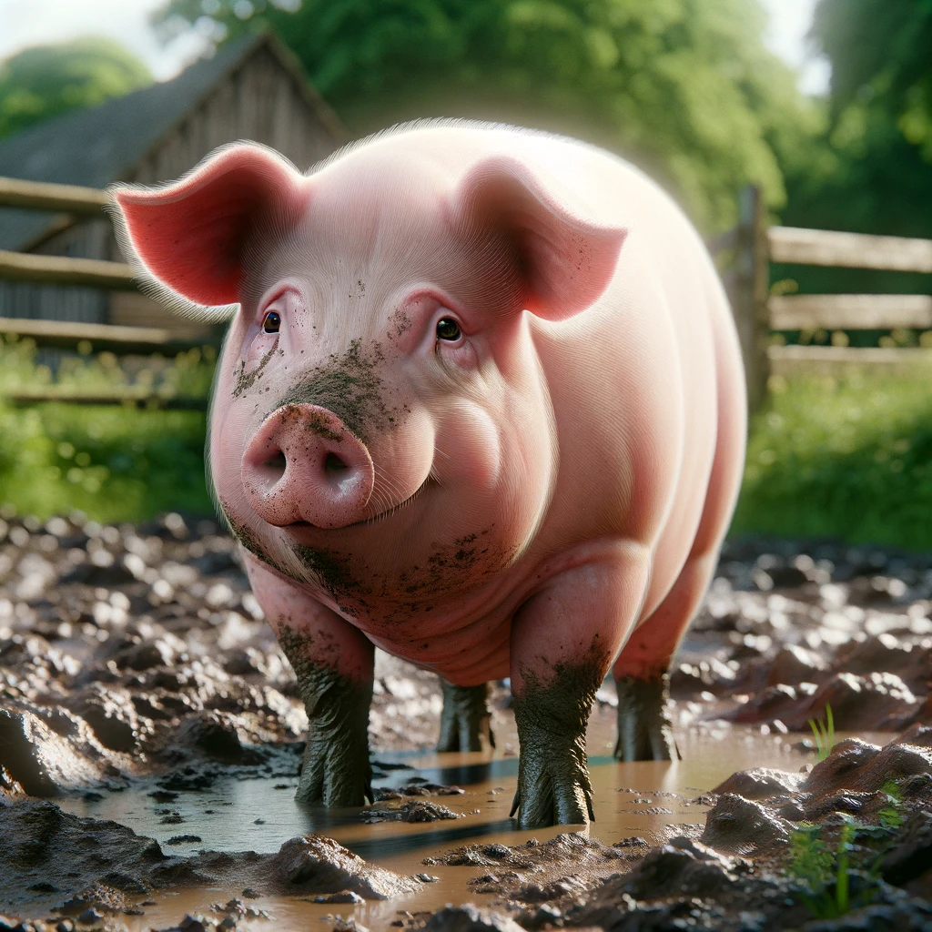 DALL·E 2024 05 15 12.03.23 A highly detailed and photorealistic image of a pig in a natural farm setting. The pig is plump and healthy with a shiny textured pink skin that ref