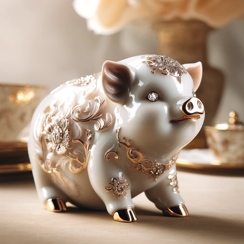 DALL·E 2024 05 15 12.03.26 A luxurious and beautiful pig figurine elegantly designed for a sophisticated look. The figurine is crafted from polished porcelain with a glossy fi