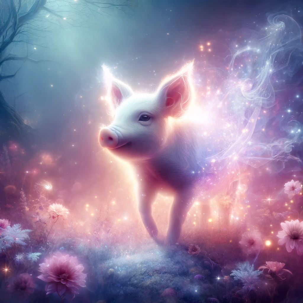 DALL·E 2024 05 15 12.03.28 A fantastical and beautiful image of a pig appearing in a dream. The pig is depicted in an ethereal luminous form glowing with soft pastel colors ag